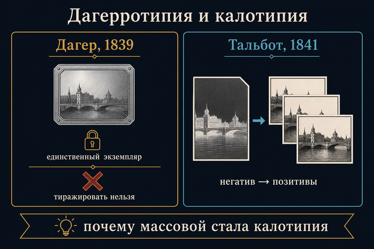 Дагерротипия: один экземпляр. Калотипия: негатив и много позитивов