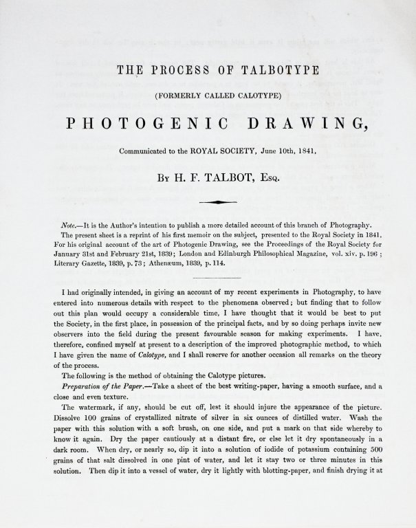 Обложка сообщения Тальбота в Королевское общество, 1841: процесс калотипии